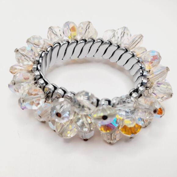 Vintage Aurora Borealis Crystal Cha-Cha Stretch Bracelet 10mm Beads - Picture 7 of 10